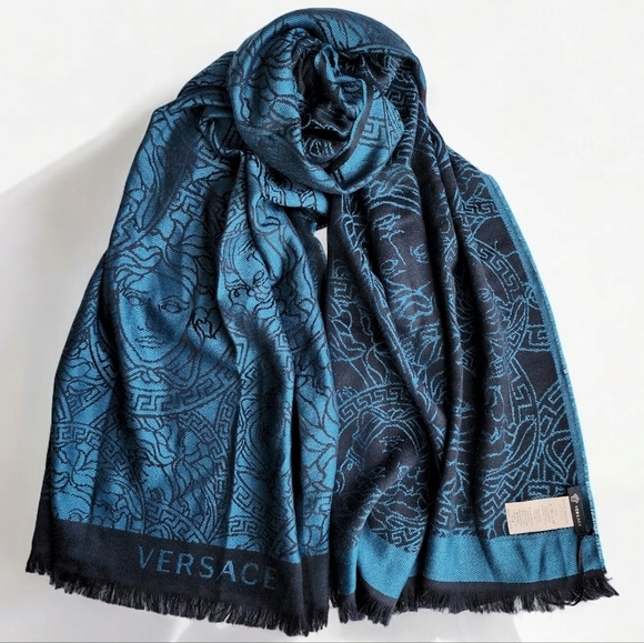 GIANNI VERSACE Blue/Black Lg Scarf w/Medusa Head & Greek Key Pattern, NWT - Picture 1 of 14